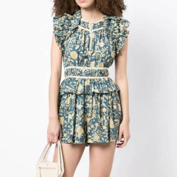 Ulla Johnson Endah Cotton Floral Print Ruffle Playsuit Romper Women's Size 6 - Picture 2 of 16